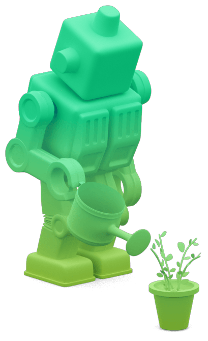 Santiago Toyos Mascot - Vintage robot watering an organic plant